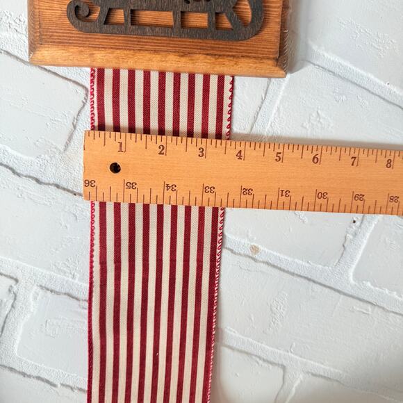 Christmas Holiday Card Holder Brown Sleigh Wooden Topper Red Striped Ribbon - Picture 6 of 7